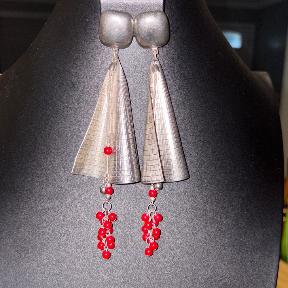 Metal Silver And Red Dangle Statement Earrings - image 1
